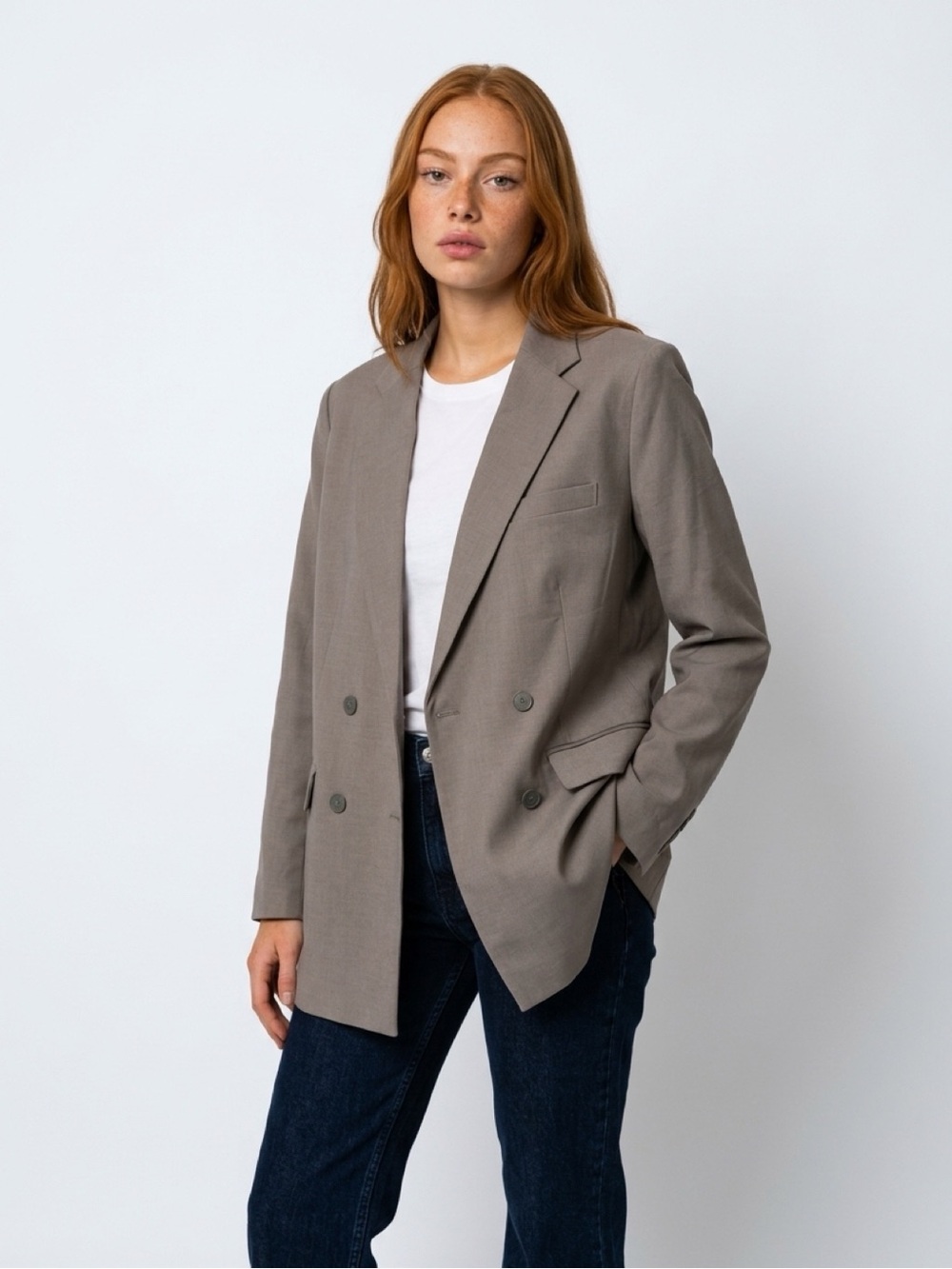 Uniqlo Double-Breasted Blazer in Taupe Gray